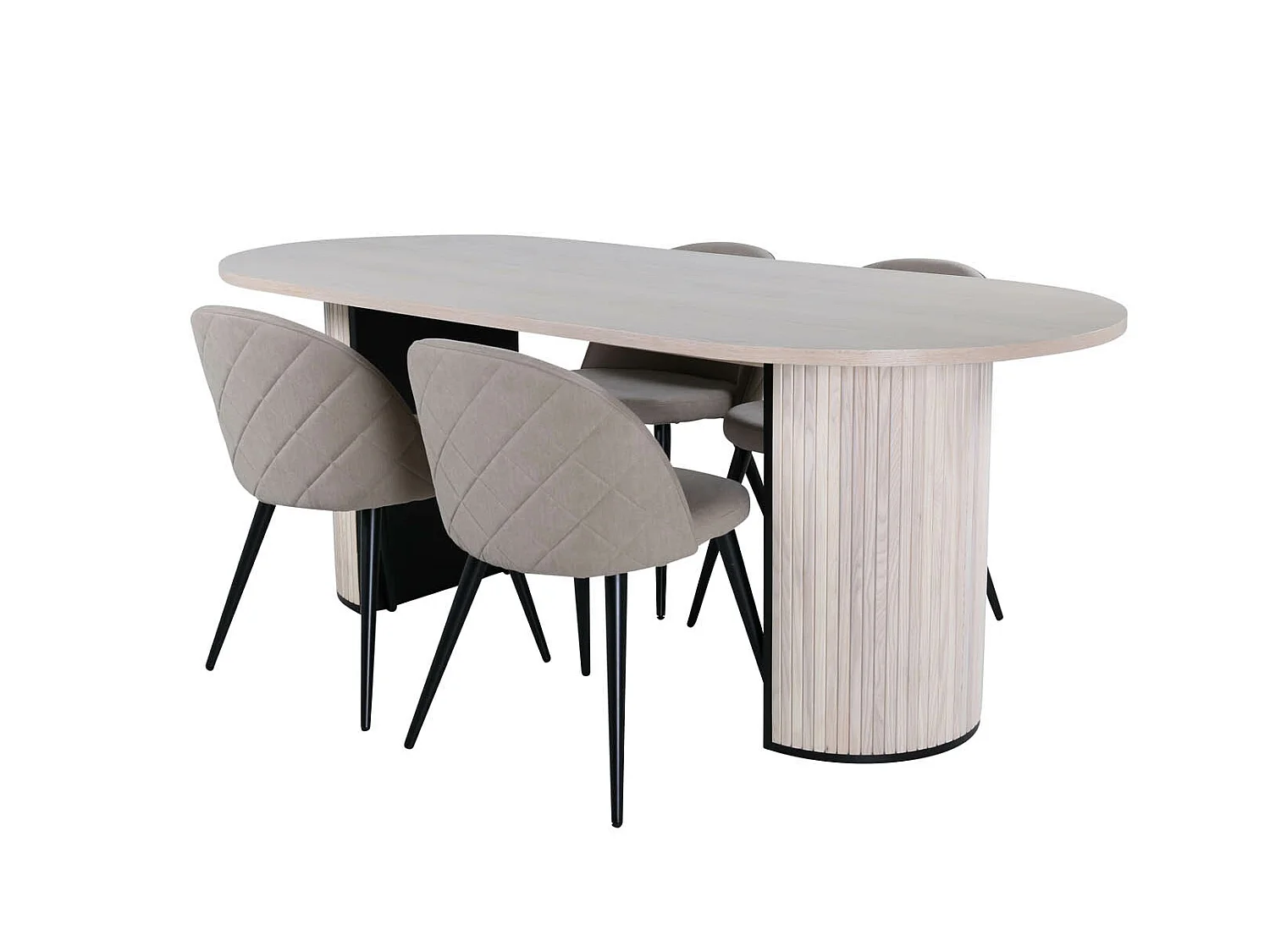 BiancaWW eethoek eetkamertafel eik fineer wit washed en 4 Velvet Stitches eetkamerstal beige.