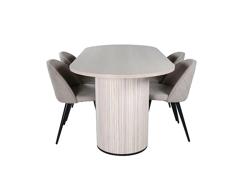 BiancaWW eethoek eetkamertafel eik fineer wit washed en 4 Velvet Stitches eetkamerstal beige.