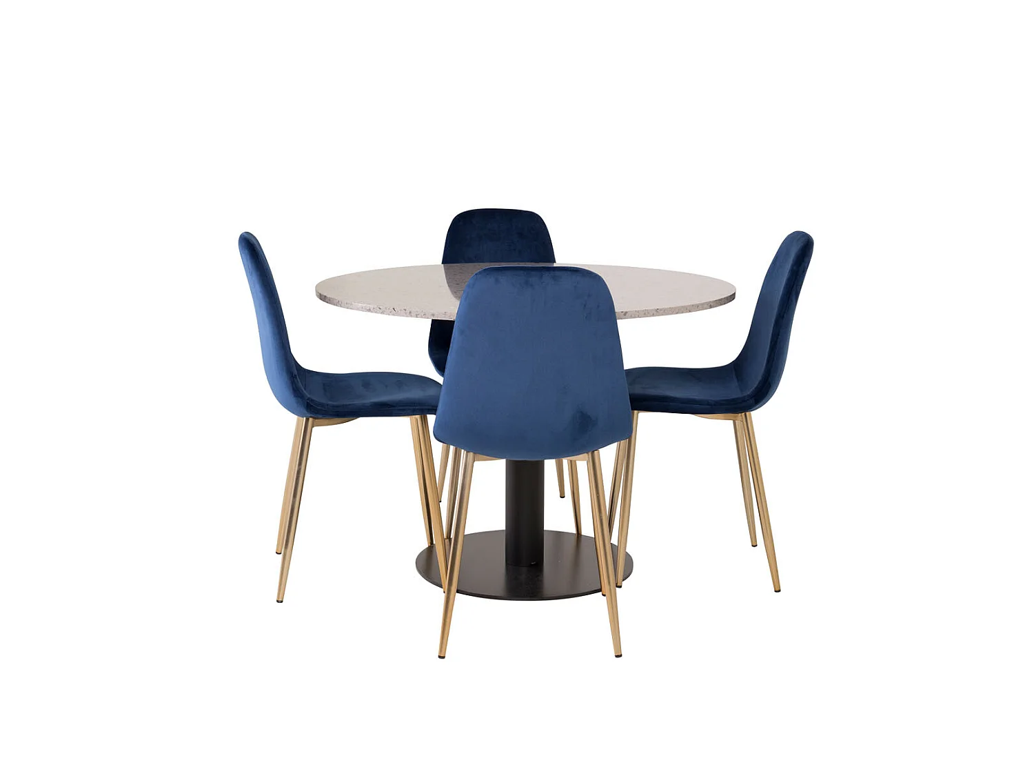 RazziaGR ensemble table, table terrazzo gris et 4 Polar chaises Velours bleu, laiton décor.