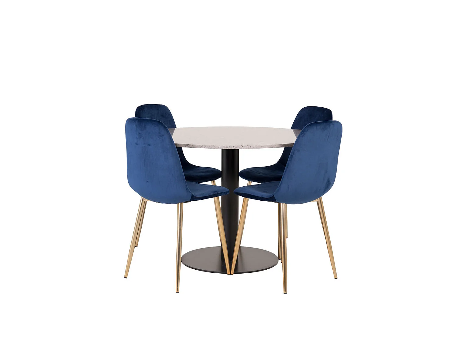 RazziaGR ensemble table, table terrazzo gris et 4 Polar chaises Velours bleu, laiton décor.