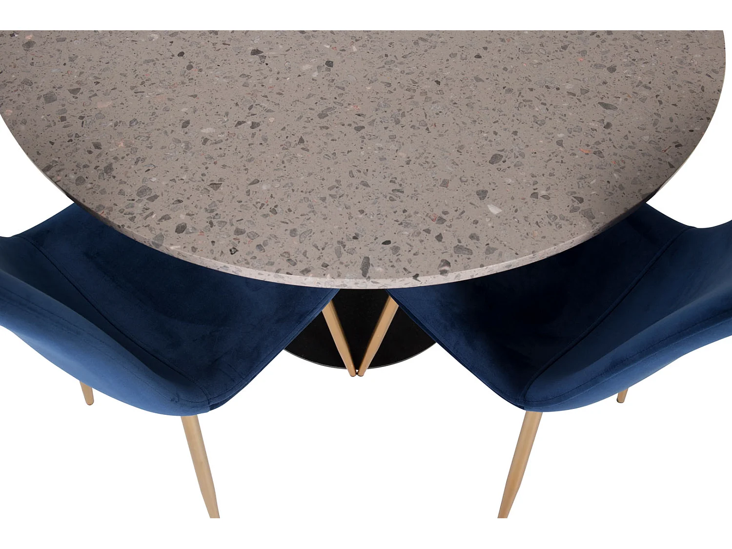 RazziaGR ensemble table, table terrazzo gris et 4 Polar chaises Velours bleu, laiton décor.
