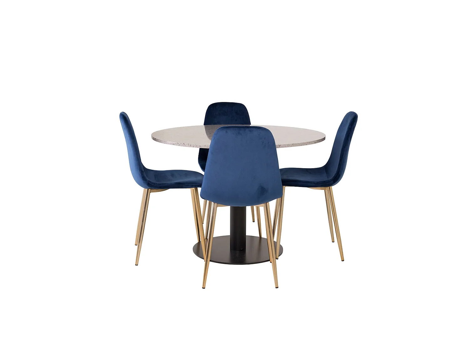 RazziaGR ensemble table, table terrazzo gris et 4 Polar chaises Velours bleu, laiton décor.
