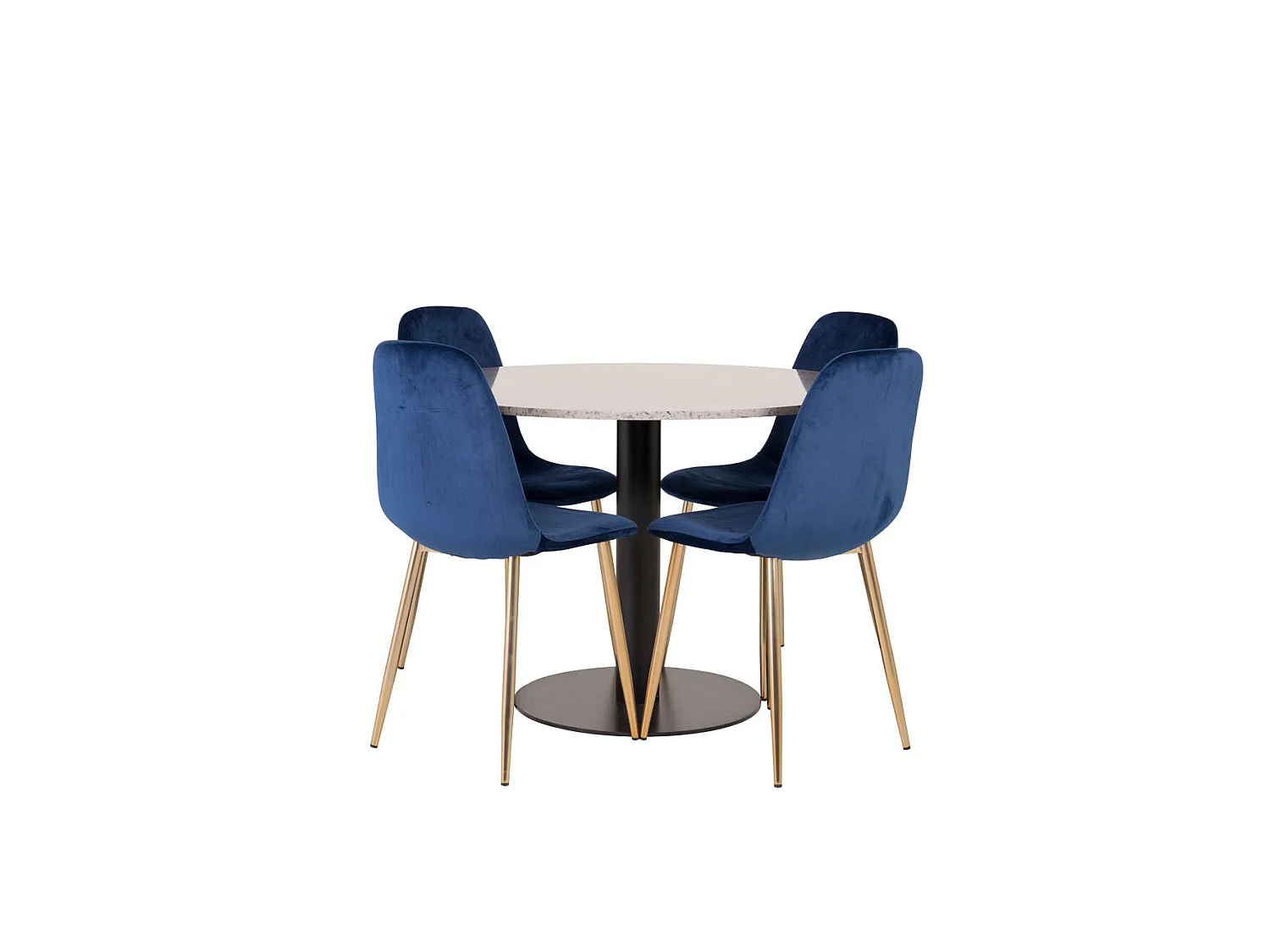 RazziaGR eethoek eetkamertafel terazzo grijs en 4 Polar eetkamerstal velours blauw, messing decor.