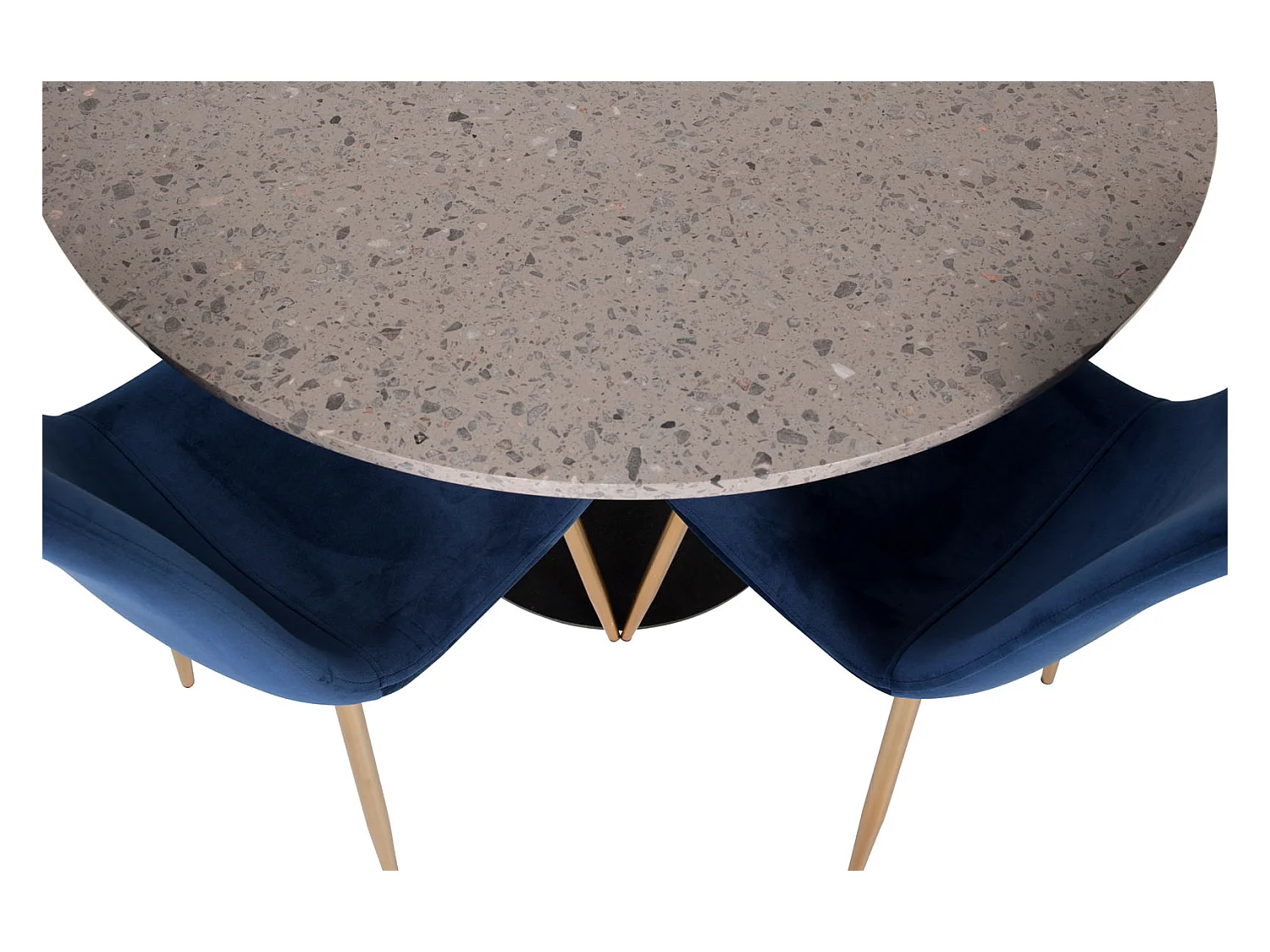 RazziaGR eethoek eetkamertafel terazzo grijs en 4 Polar eetkamerstal velours blauw, messing decor.