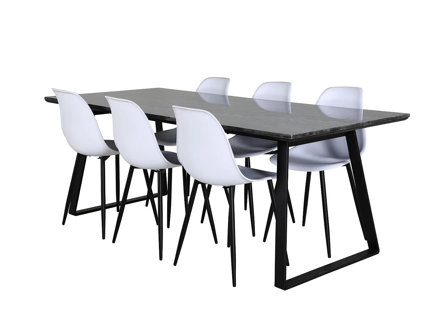 EstelleBLBL ensemble table, table noir, marbre et 6 Polar chaises blanc.