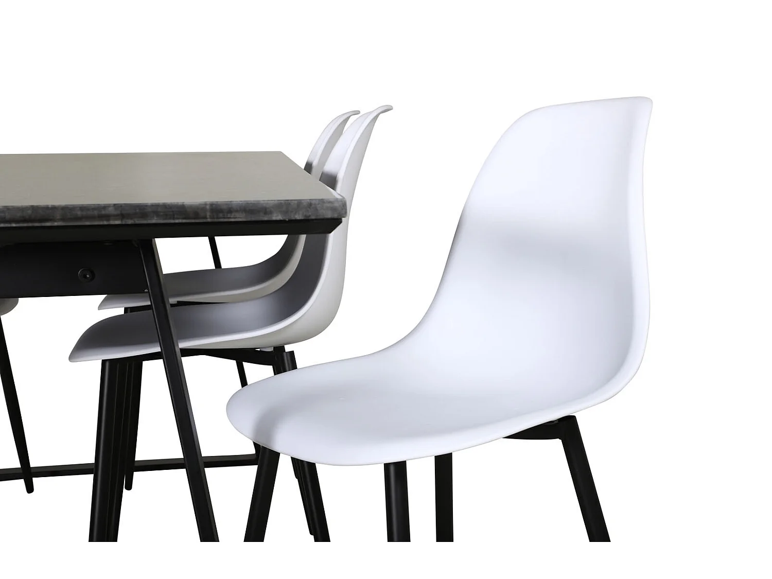 EstelleBLBL ensemble table, table noir, marbre et 6 Polar chaises blanc.