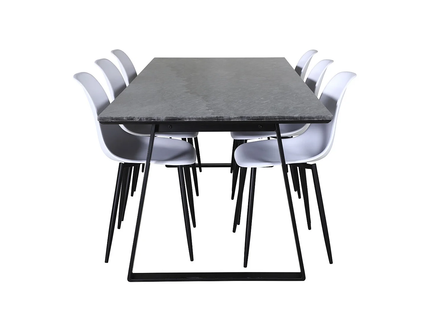 EstelleBLBL eethoek eetkamertafel zwart, marmer en 6 Polar eetkamerstal wit.