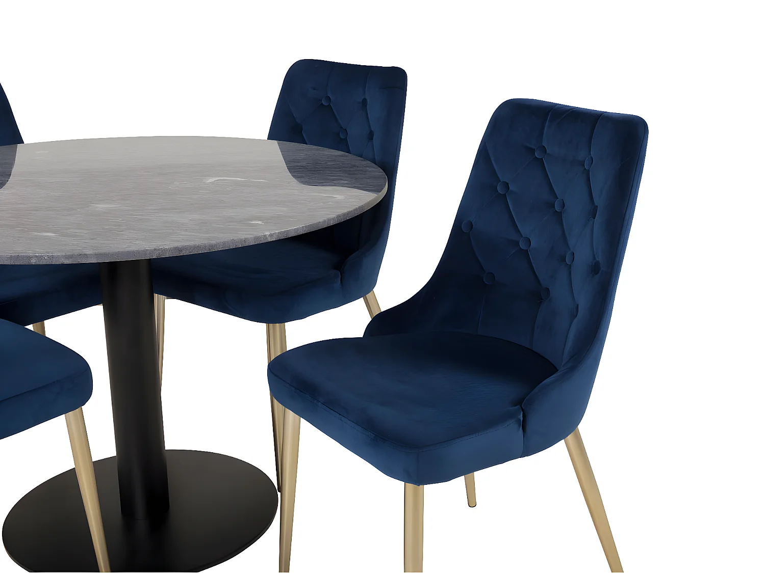 EstelleØ106BLBL eethoek eetkamertafel zwart, marmer en 4 Velvet Deluxe eetkamerstal velours blauw, messing decor.