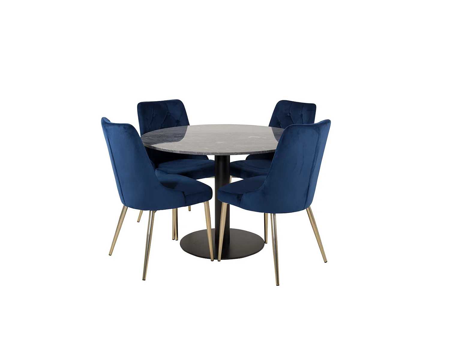 EstelleØ106BLBL eethoek eetkamertafel zwart, marmer en 4 Velvet Deluxe eetkamerstal velours blauw, messing decor.