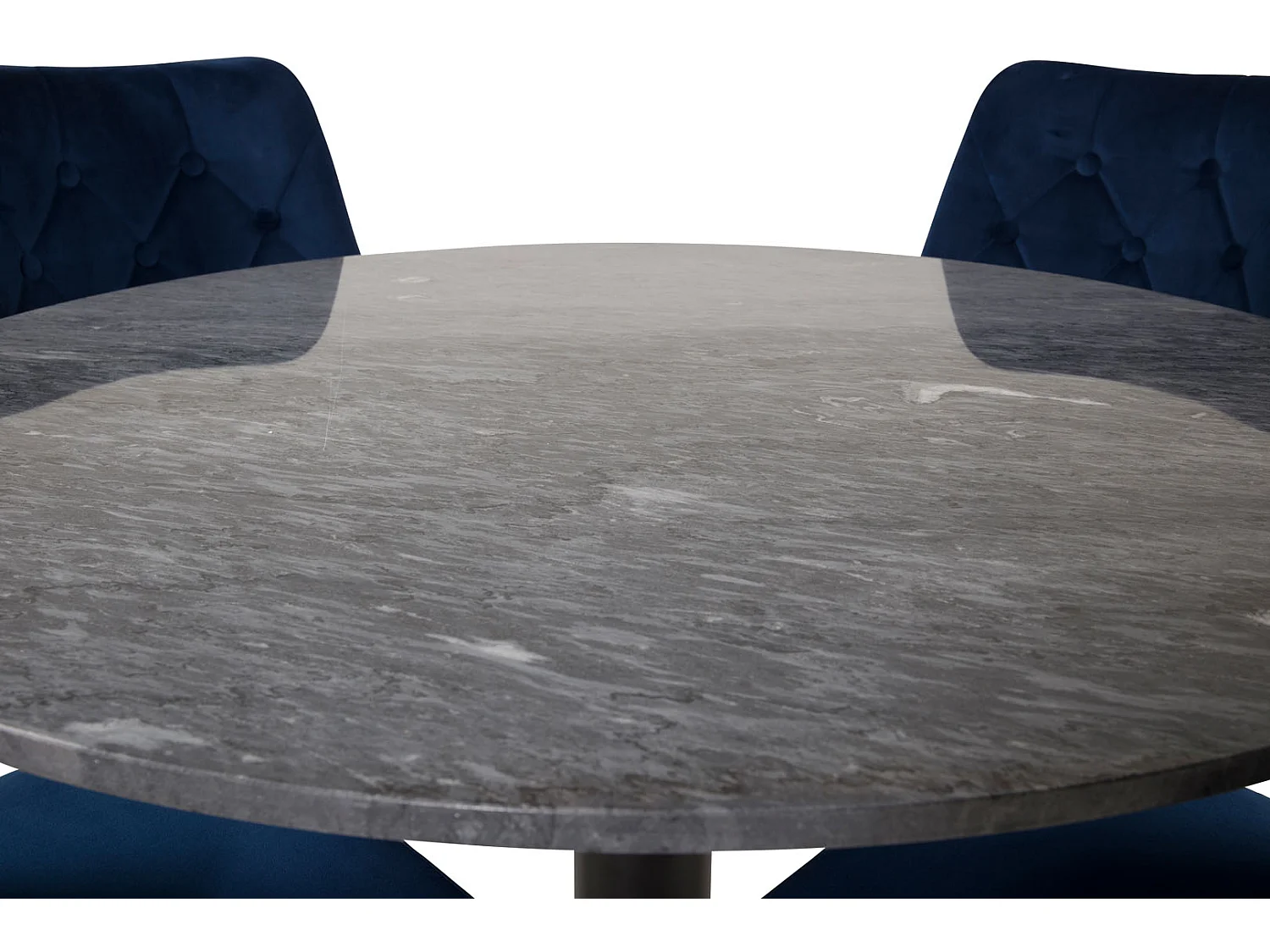 EstelleØ106BLBL eethoek eetkamertafel zwart, marmer en 4 Velvet Deluxe eetkamerstal velours blauw, messing decor.