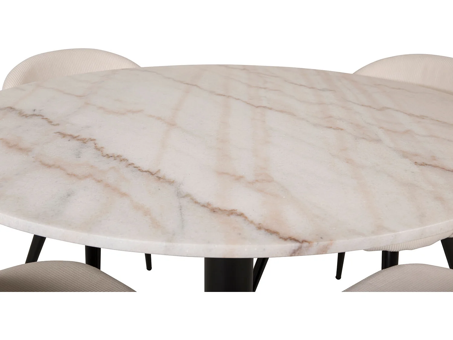 EstelleØ106WHBL ensemble table, table blanc, marbre et 4 Velvet chaises Velours côtelé beige, noir.