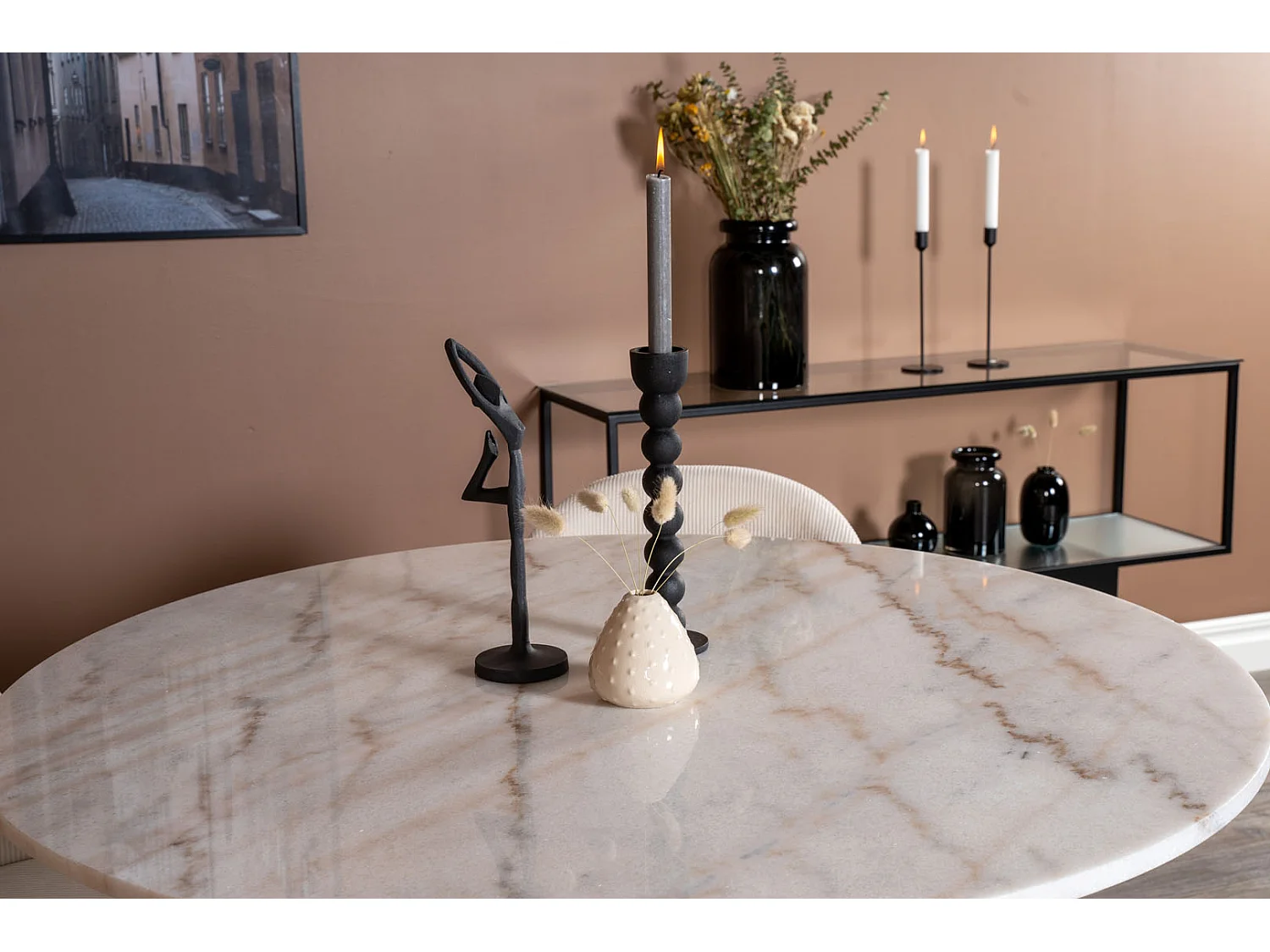 EstelleØ106WHBL ensemble table, table blanc, marbre et 4 Velvet chaises Velours côtelé beige, noir.