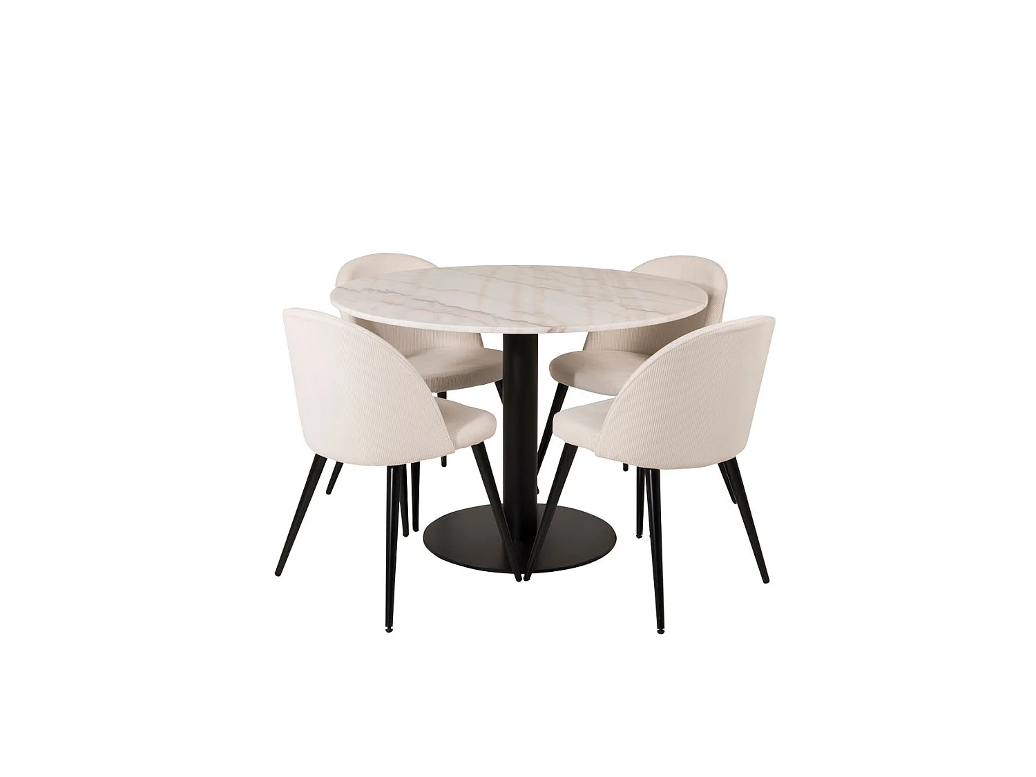 EstelleØ106WHBL ensemble table, table blanc, marbre et 4 Velvet chaises Velours côtelé beige, noir.