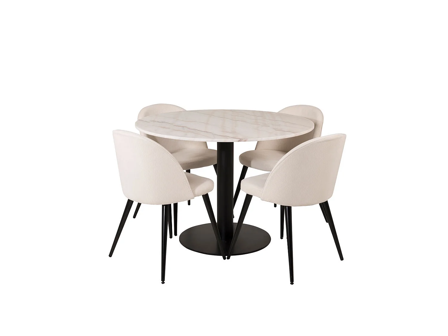 EstelleØ106WHBL Essgruppe Esstisch weiß, Marmor und 4 Velvet Esszimmerstühle Samt beige, schwarz.