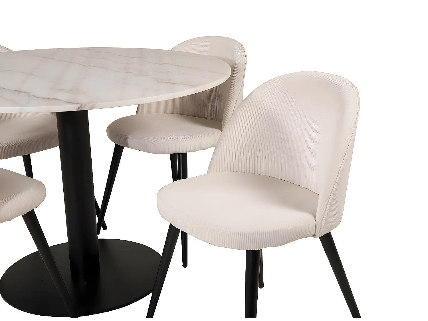 EstelleØ106WHBL Essgruppe Esstisch weiß, Marmor und 4 Velvet Esszimmerstühle Samt beige, schwarz.