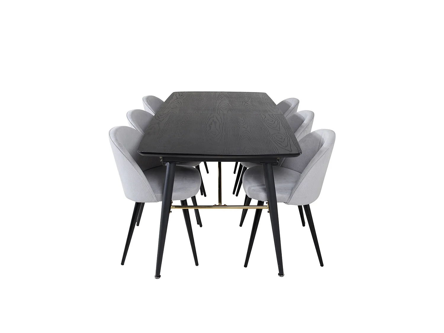 Gold eethoek eetkamertafel uitschuifbare tafel lengte cm 180 / 220 zwart en 6 Velvet eetkamerstal fluweel lichtgrijs, zwart.