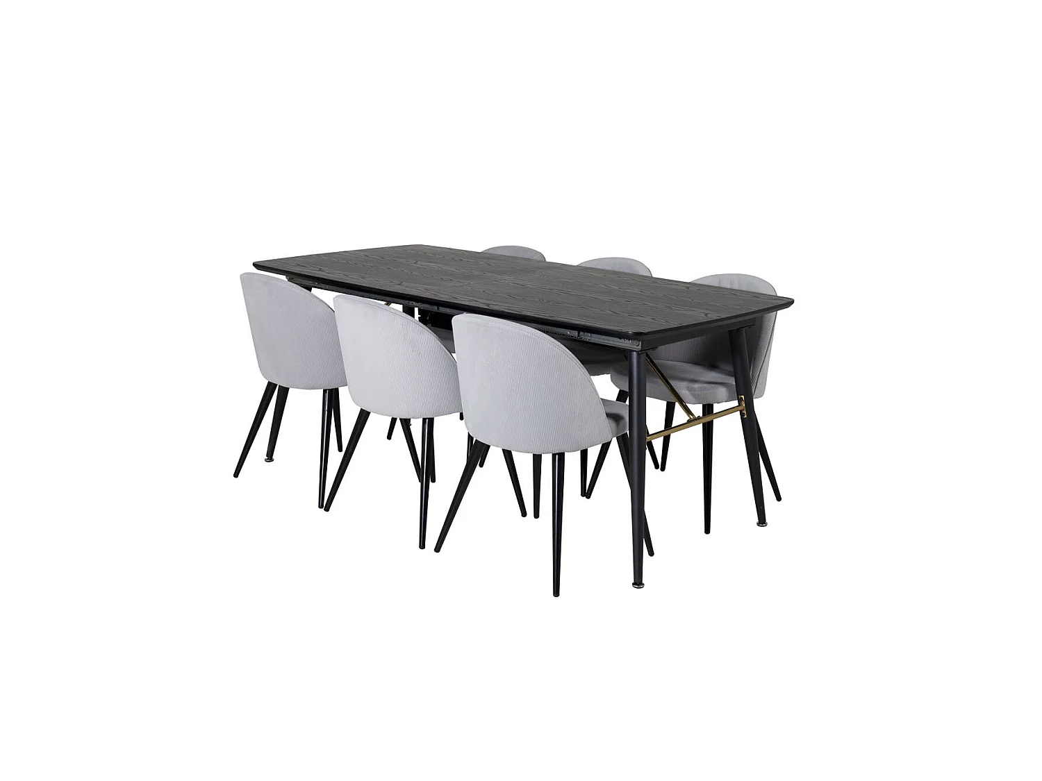Gold eethoek eetkamertafel uitschuifbare tafel lengte cm 180 / 220 zwart en 6 Velvet eetkamerstal fluweel lichtgrijs, zwart.