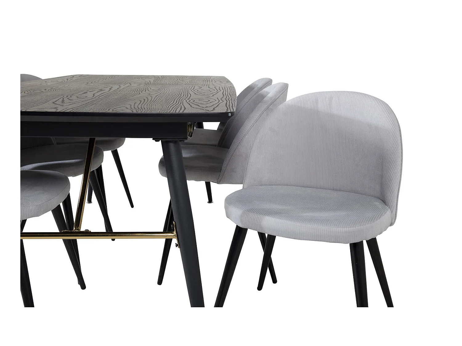 Gold eethoek eetkamertafel uitschuifbare tafel lengte cm 180 / 220 zwart en 6 Velvet eetkamerstal fluweel lichtgrijs, zwart.