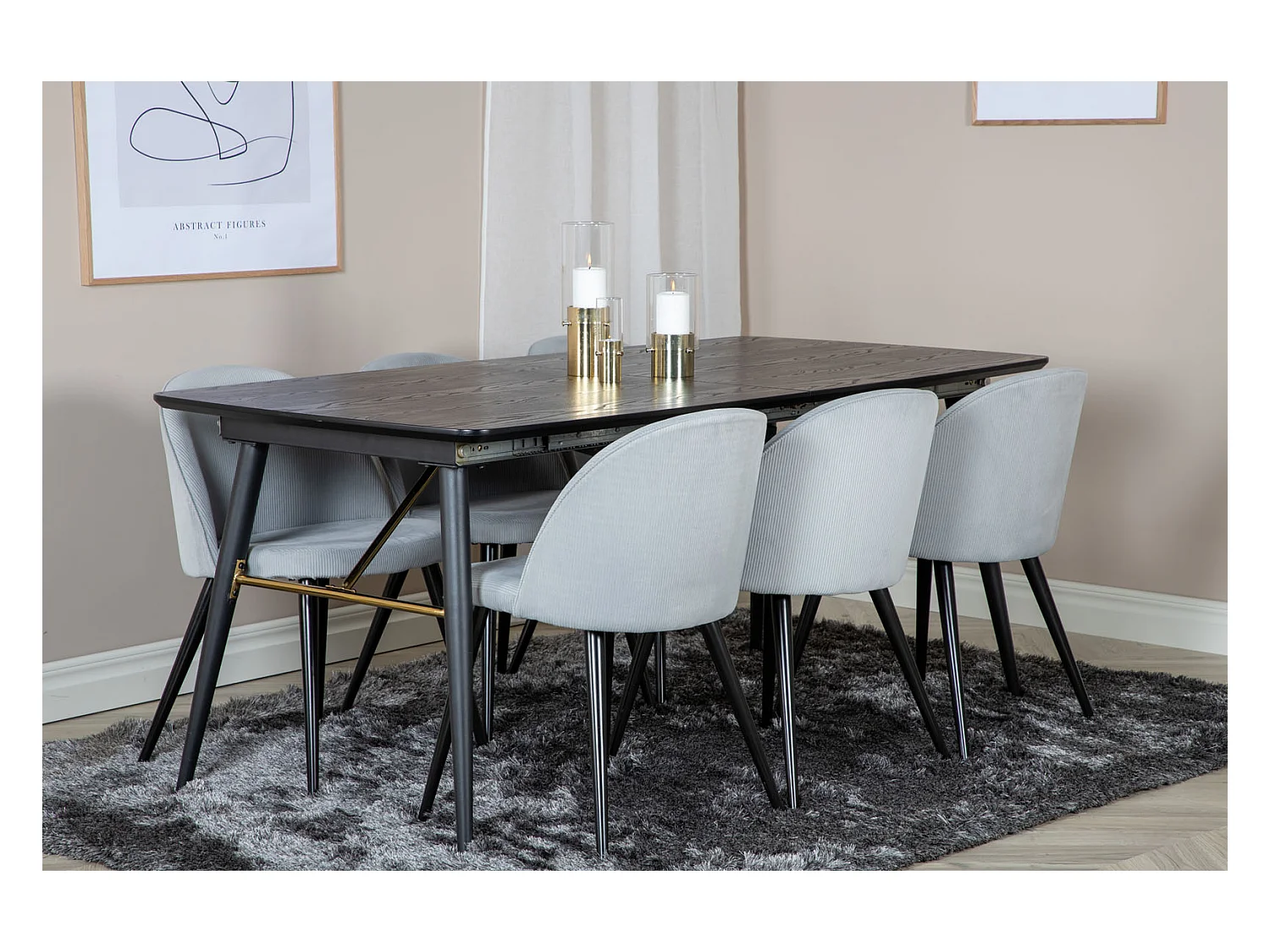 Gold eethoek eetkamertafel uitschuifbare tafel lengte cm 180 / 220 zwart en 6 Velvet eetkamerstal fluweel lichtgrijs, zwart.