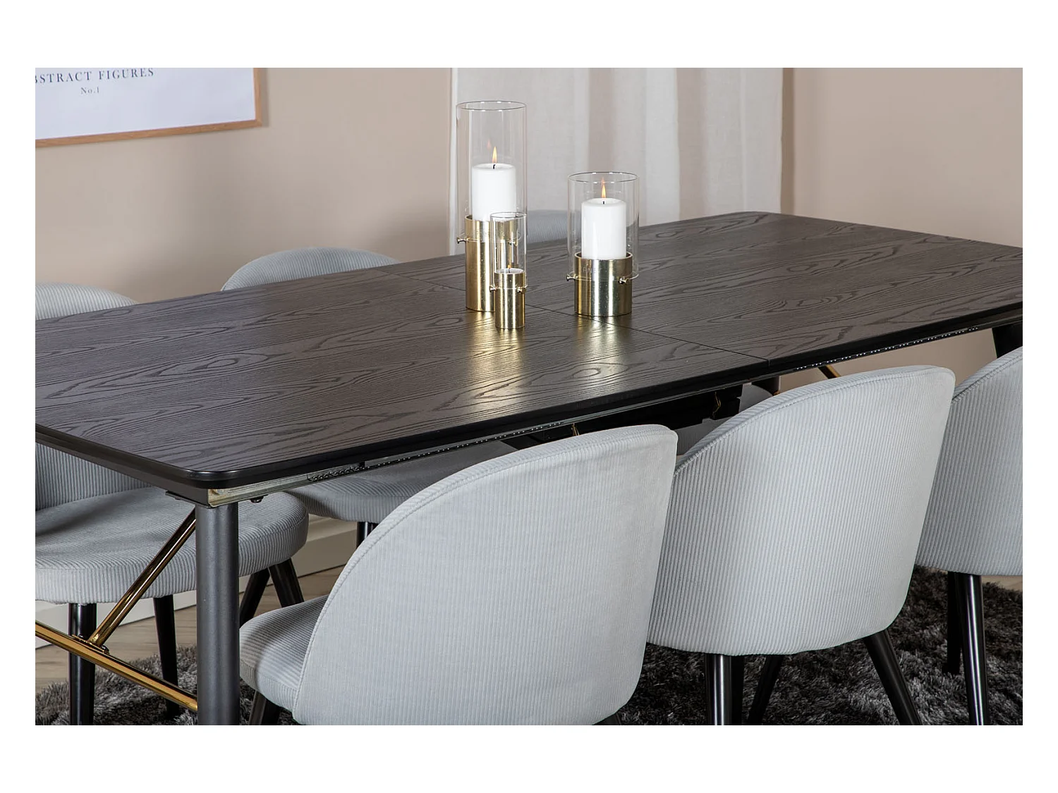 Gold eethoek eetkamertafel uitschuifbare tafel lengte cm 180 / 220 zwart en 6 Velvet eetkamerstal fluweel lichtgrijs, zwart.