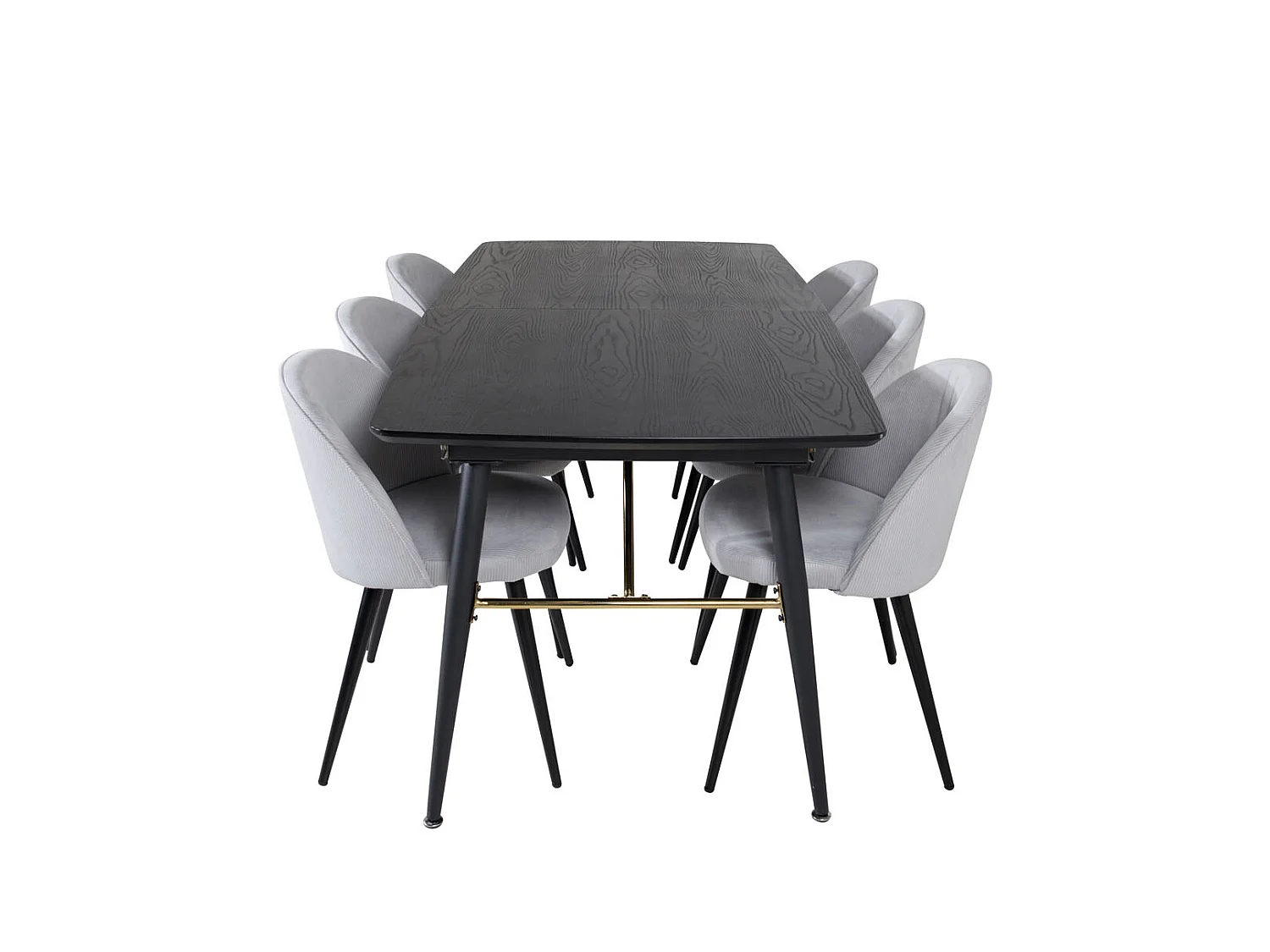 Gold eethoek eetkamertafel uitschuifbare tafel lengte cm 180 / 220 zwart en 6 Velvet eetkamerstal fluweel lichtgrijs, zwart.