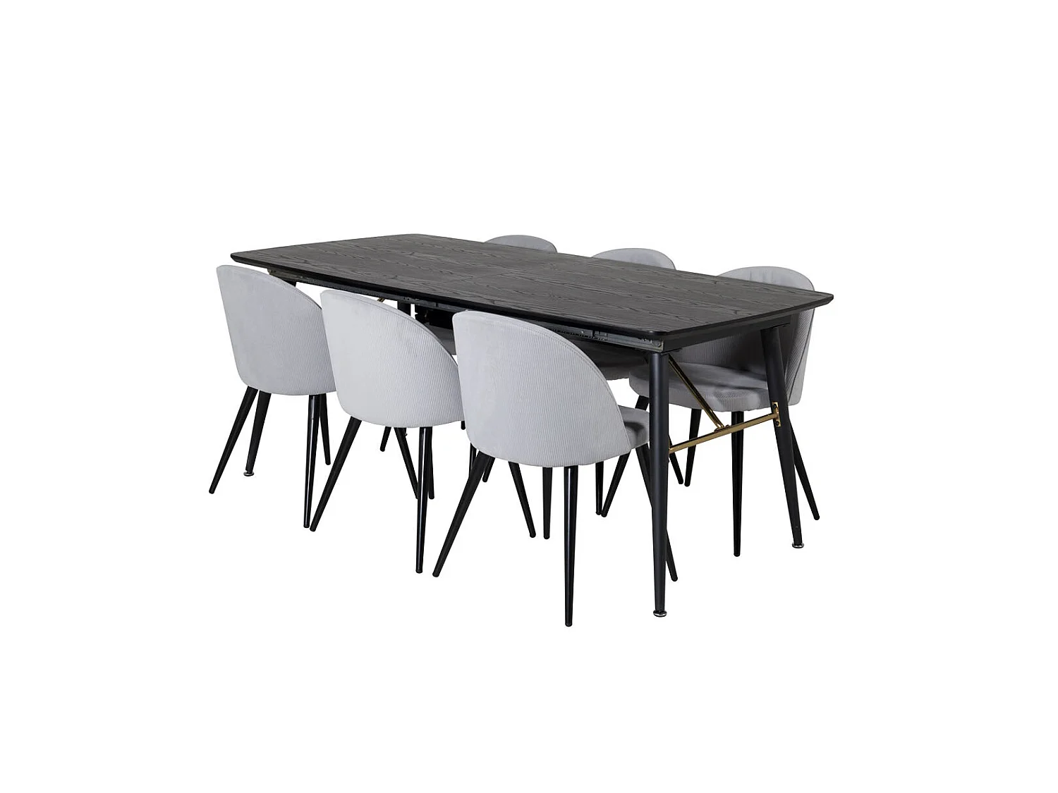Gold eethoek eetkamertafel uitschuifbare tafel lengte cm 180 / 220 zwart en 6 Velvet eetkamerstal fluweel lichtgrijs, zwart.