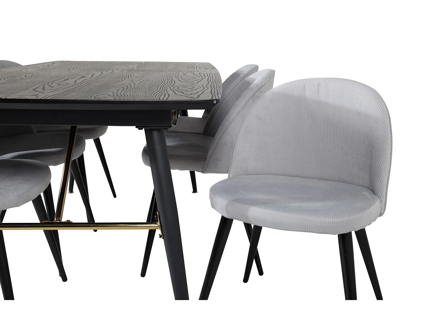 Gold eethoek eetkamertafel uitschuifbare tafel lengte cm 180 / 220 zwart en 6 Velvet eetkamerstal fluweel lichtgrijs, zwart.