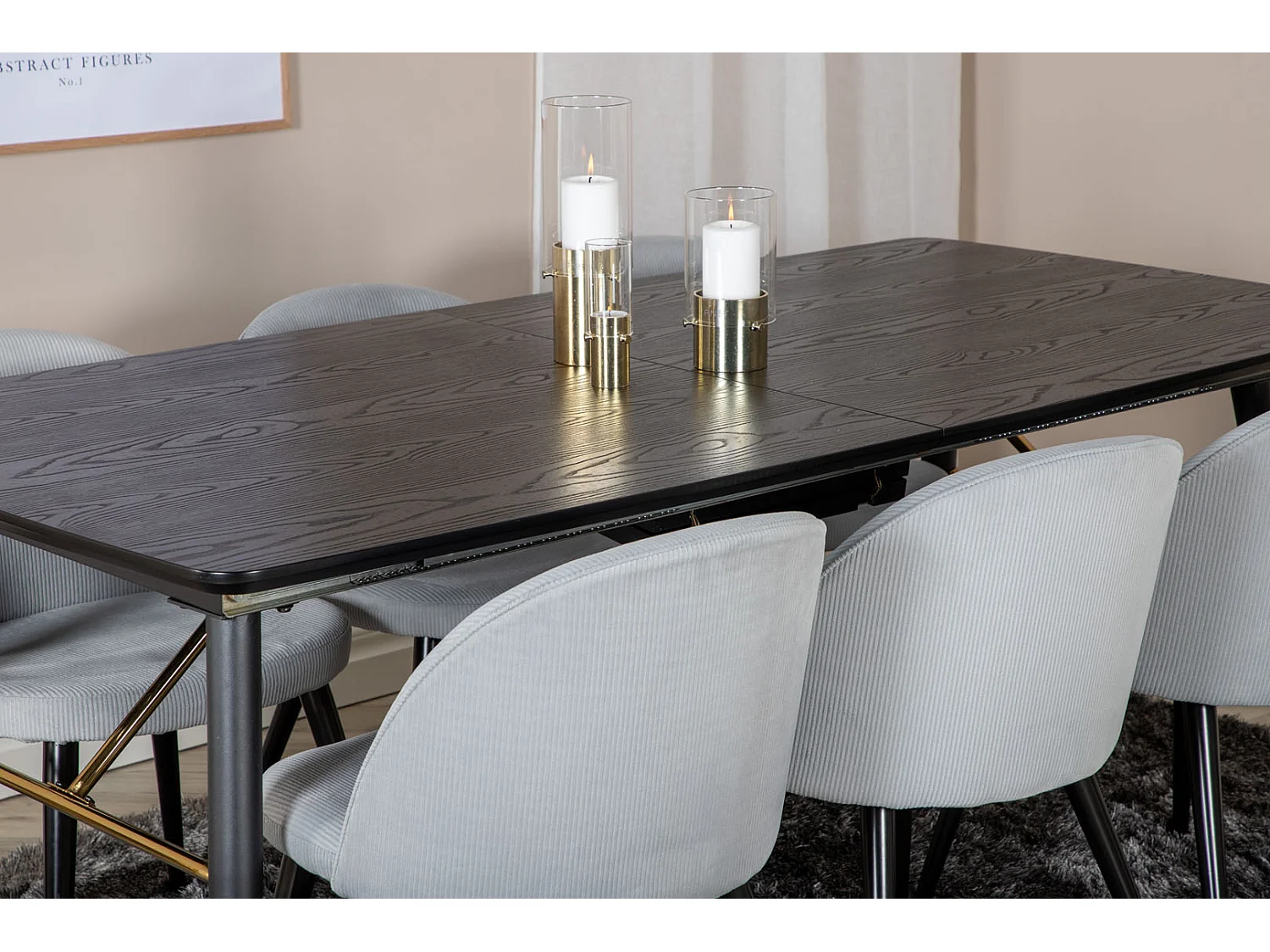 Gold eethoek eetkamertafel uitschuifbare tafel lengte cm 180 / 220 zwart en 6 Velvet eetkamerstal fluweel lichtgrijs, zwart.