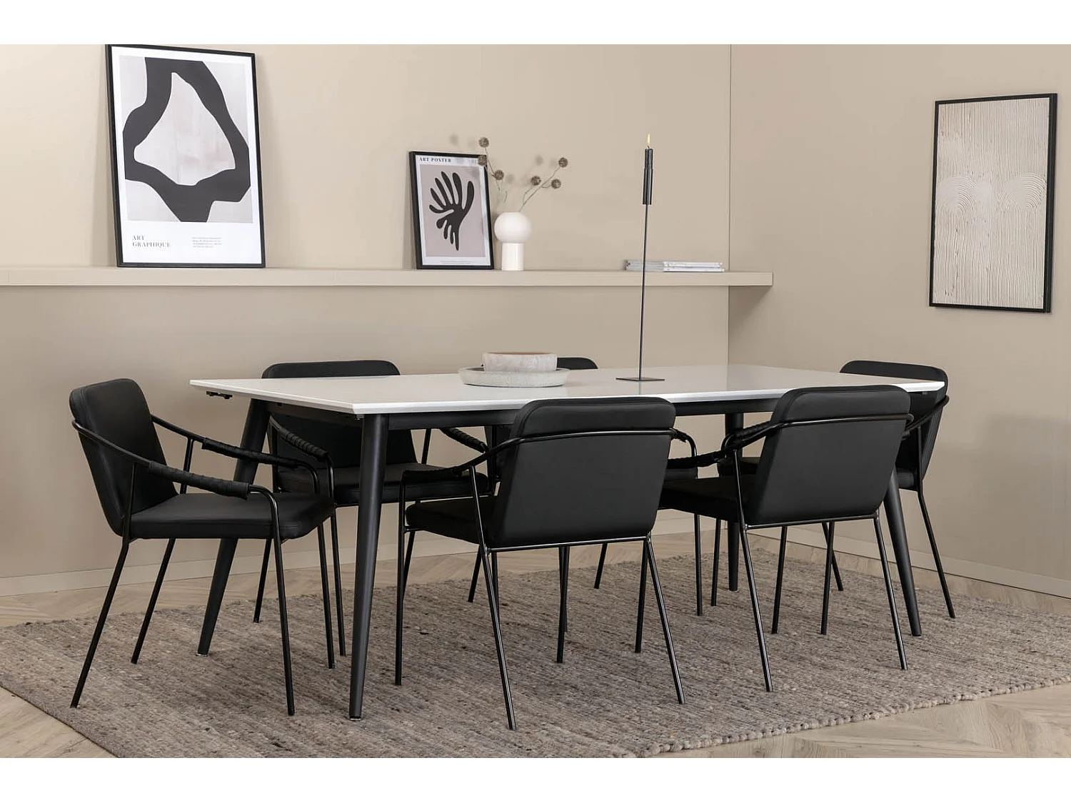 Jimmy195 ensemble table, table extensible longueur cm195 / 285 blanc et 6 Tvist chaises Similicuir PU noir.