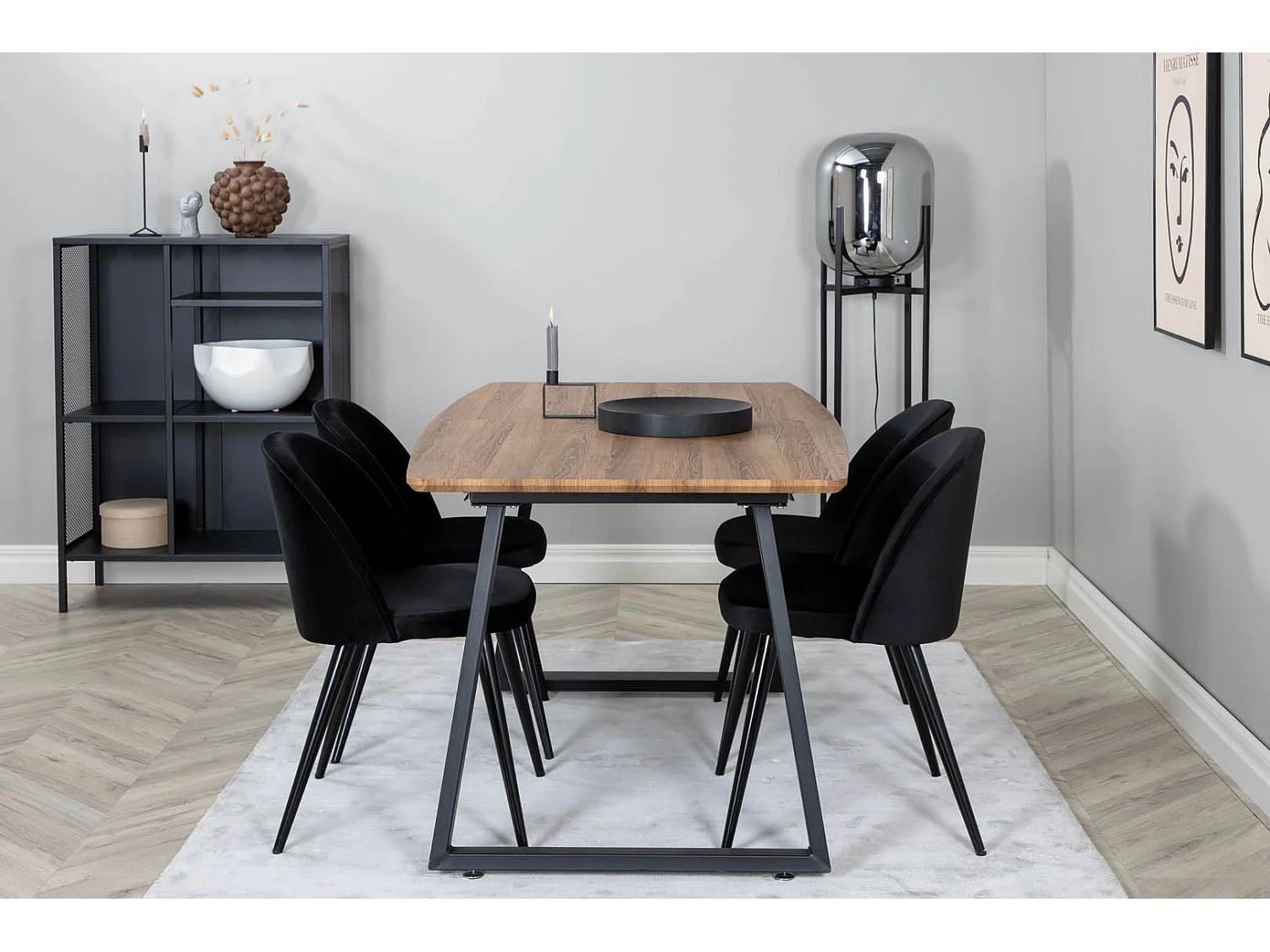 IncaNABL ensemble table, table extensible longueur cm160 / 200 El bois décor et 4 Velvet chaises Velours noir.