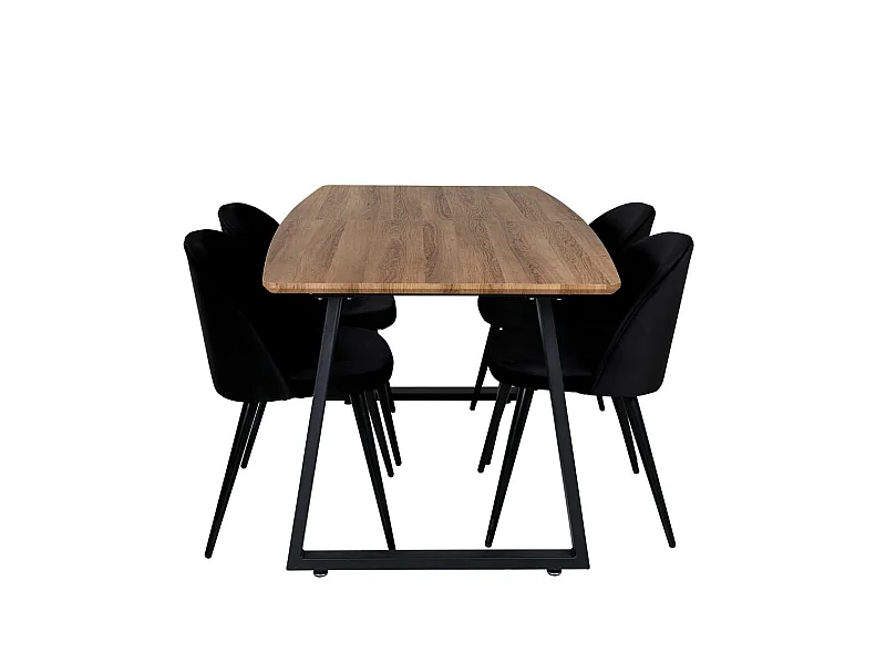 IncaNABL Essgruppe Esstisch Ausziehbarer Tisch Länge cm 160 / 200 El Holz dekor und 4 Velvet Esszimmerstühle Velour schwarz.
