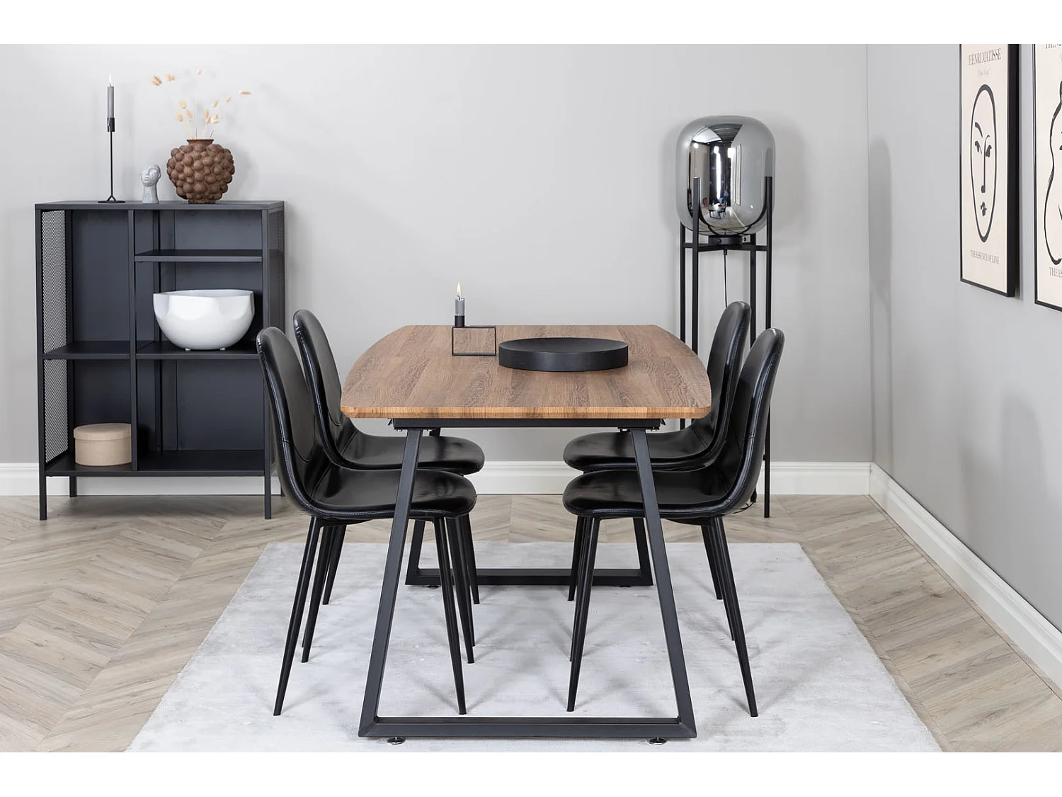 IncaNABL ensemble table, table extensible longueur cm160 / 200 El bois décor et 4 Polar chaises Similicuir PU noir.