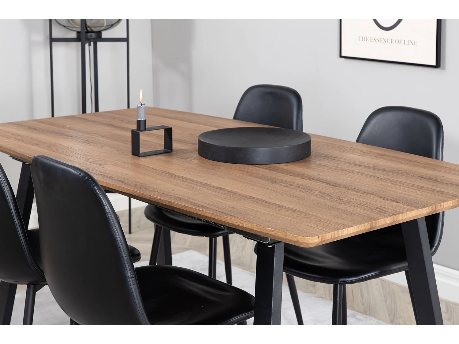 IncaNABL ensemble table, table extensible longueur cm160 / 200 El bois décor et 4 Polar chaises Similicuir PU noir.