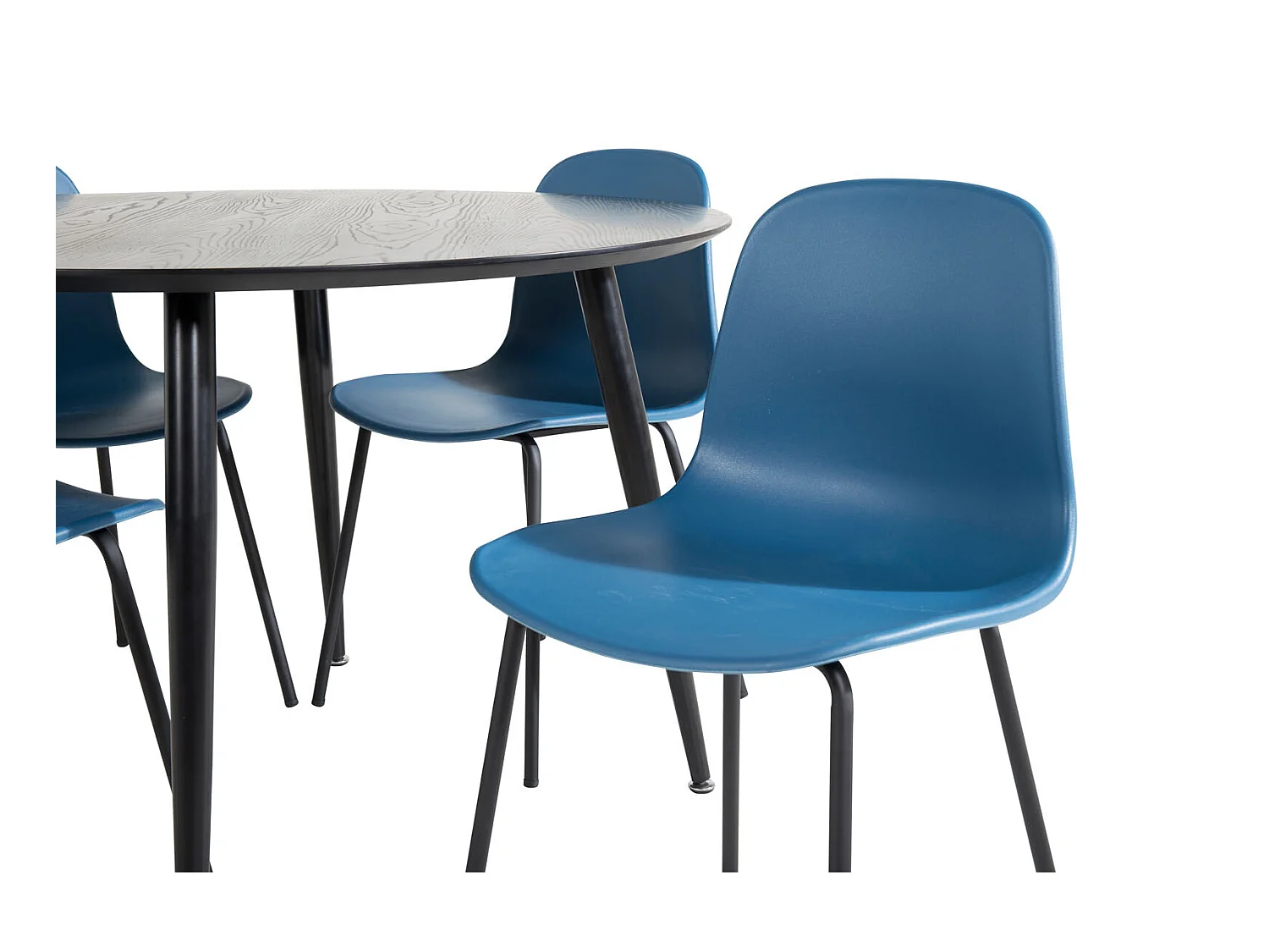 DippØ115BLBL eethoek eetkamertafel zwart en 4 Arctic eetkamerstal blauw, zwart.