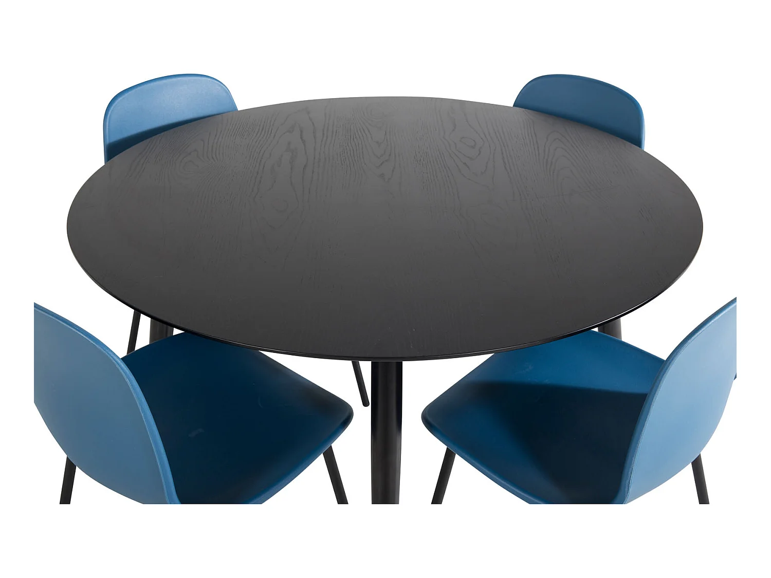 DippØ115BLBL eethoek eetkamertafel zwart en 4 Arctic eetkamerstal blauw, zwart.