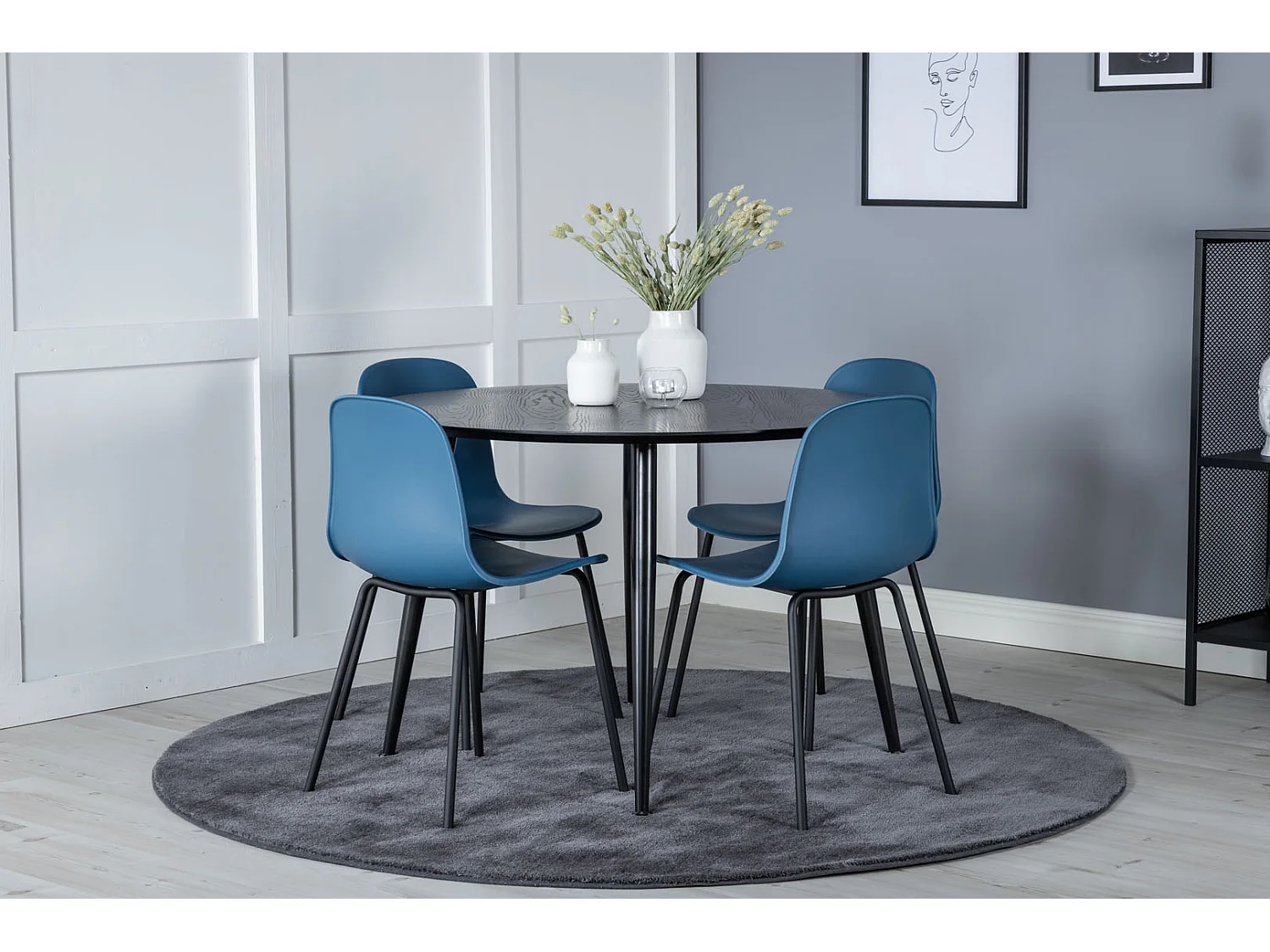 DippØ115BLBL ensemble table, table noir et 4 Arctic chaises bleu, noir.