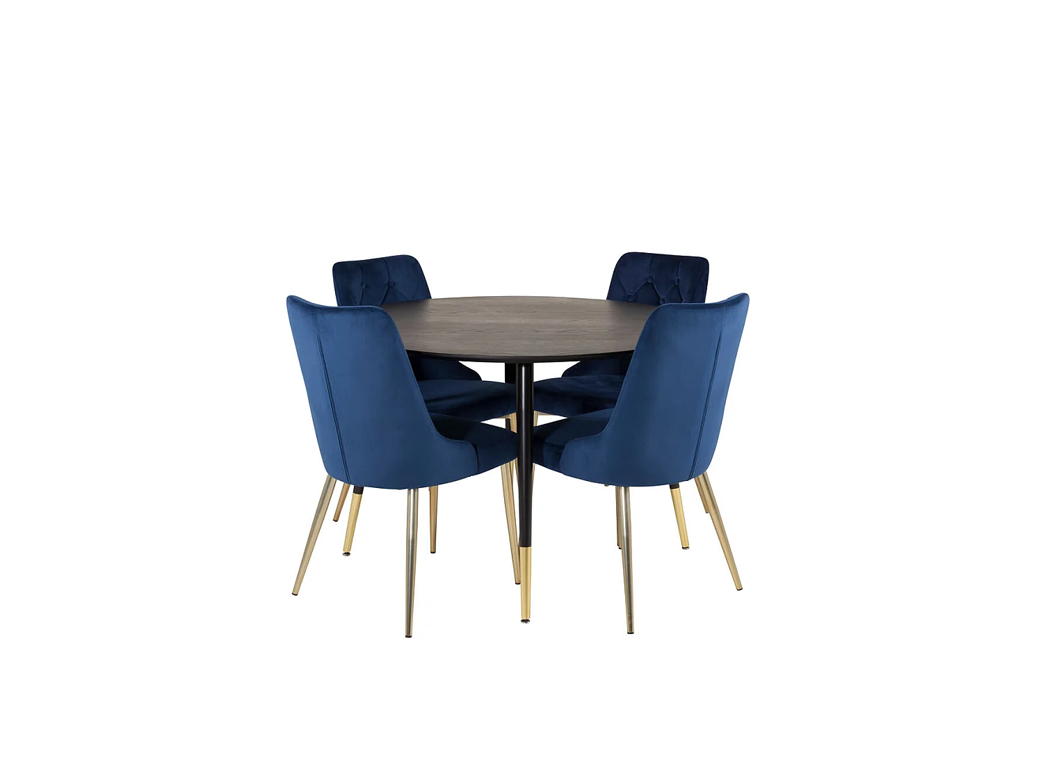 DippØ115BLBR ensemble table, table noir et 4 Velvet Deluxe chaises Velours bleu, laiton décor.