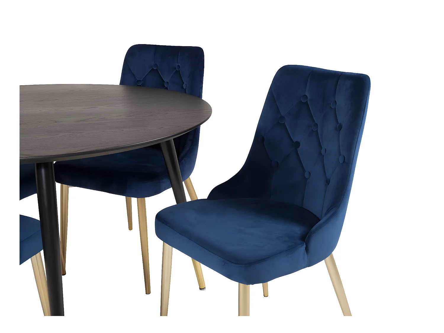 DippØ115BLBR eethoek eetkamertafel zwart en 4 Velvet Deluxe eetkamerstal velours blauw, messing decor.