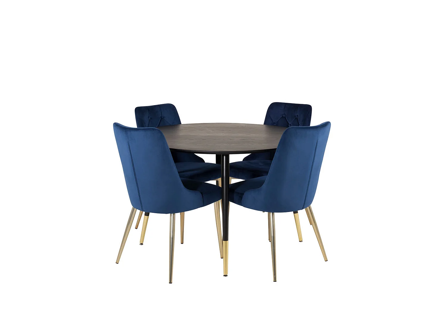 DippØ115BLBR ensemble table, table noir et 4 Velvet Deluxe chaises Velours bleu, laiton décor.