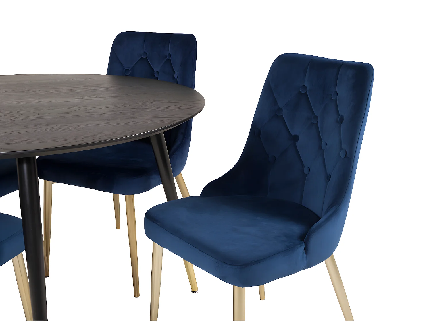 DippØ115BLBR ensemble table, table noir et 4 Velvet Deluxe chaises Velours bleu, laiton décor.