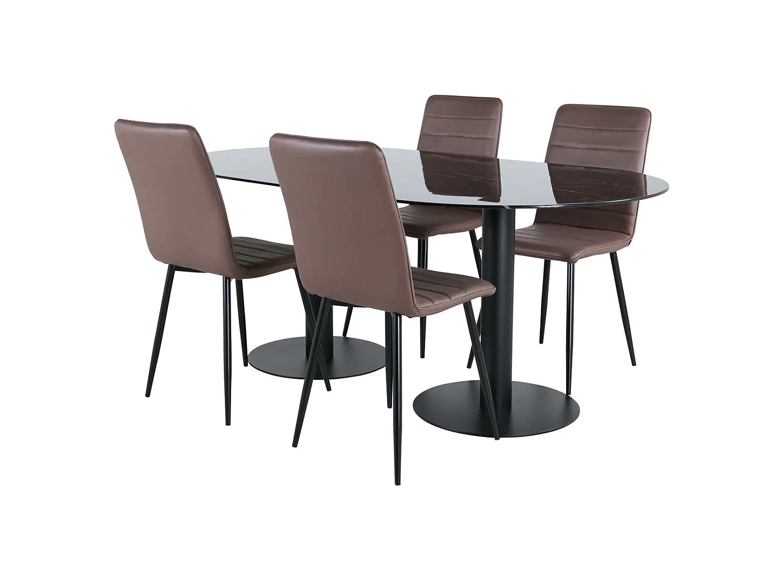 Pillan ensemble table, table noir verre marbre décor et 4 Windu Lyx chaises marron.
