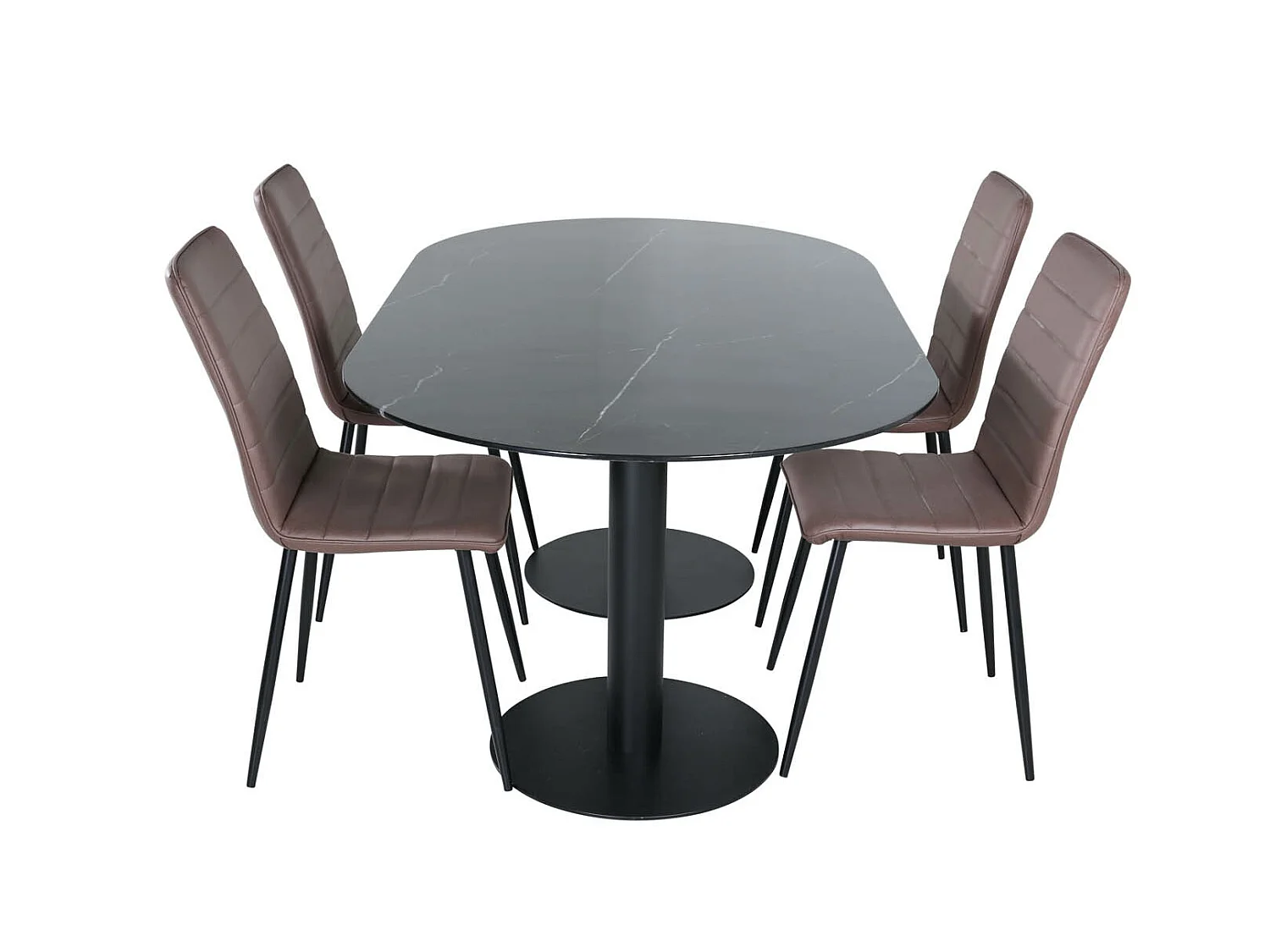 Pillan ensemble table, table noir verre marbre décor et 4 Windu Lyx chaises marron.