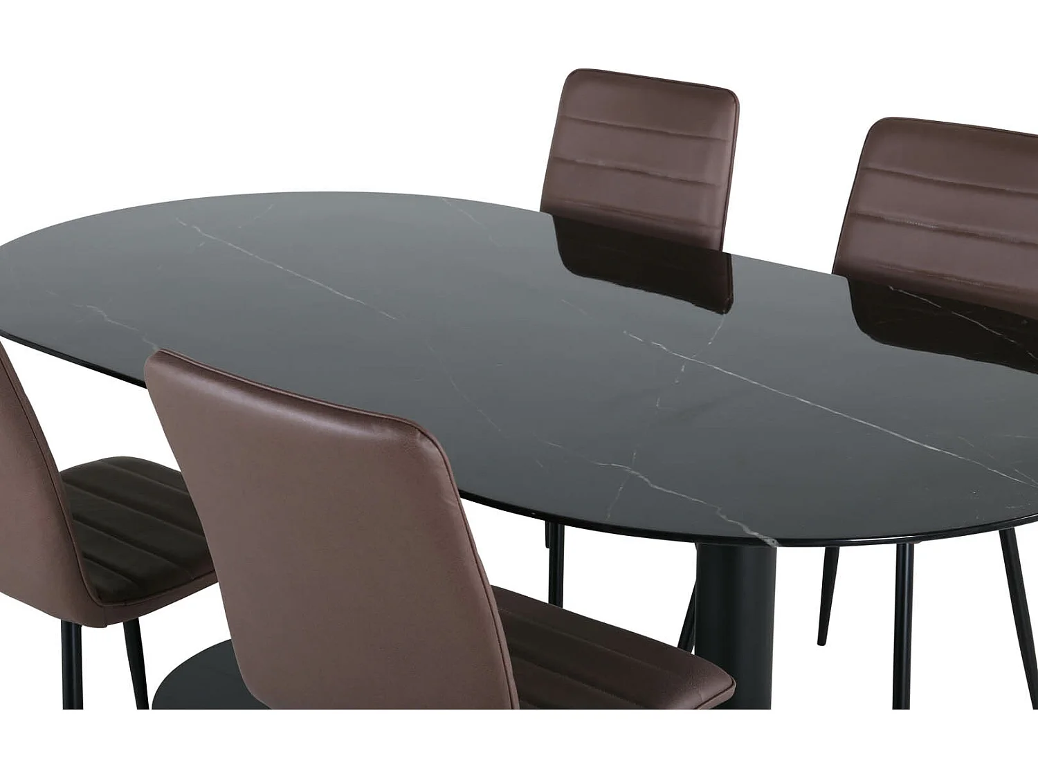 Pillan ensemble table, table noir verre marbre décor et 4 Windu Lyx chaises marron.