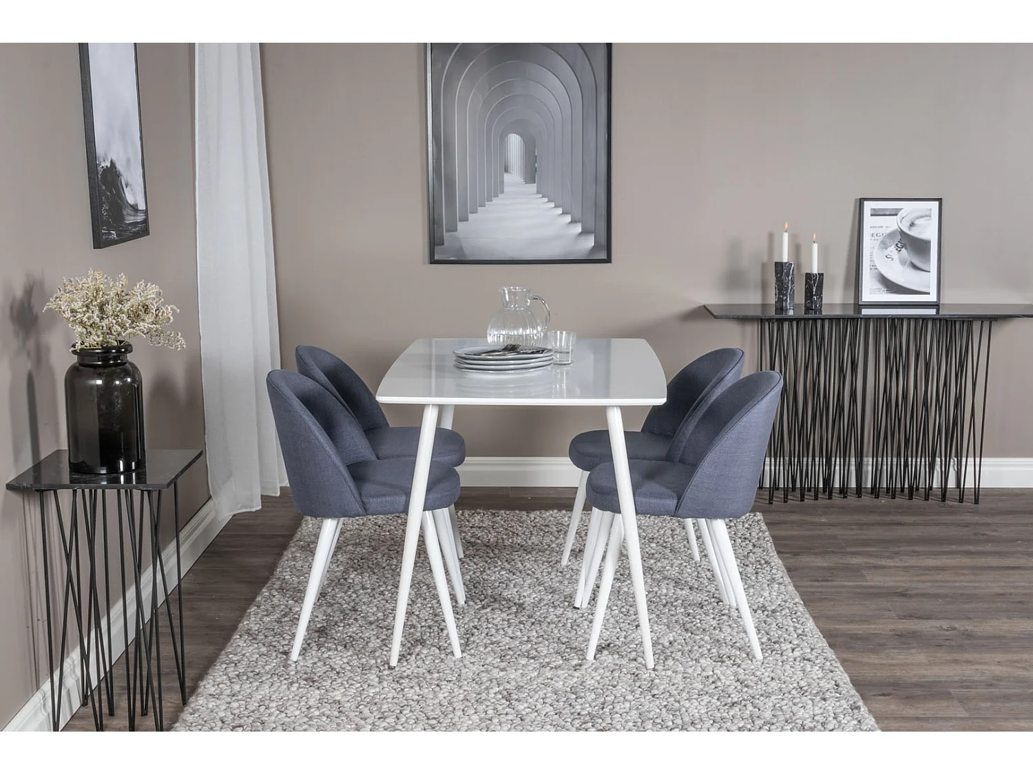 Polar120X80WHWH ensemble table, table blanc et 4 Velvet chaises bleu.