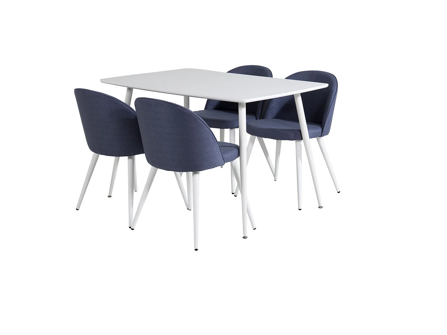 Polar120X80WHWH eethoek eetkamertafel wit en 4 Velvet eetkamerstal blauw.