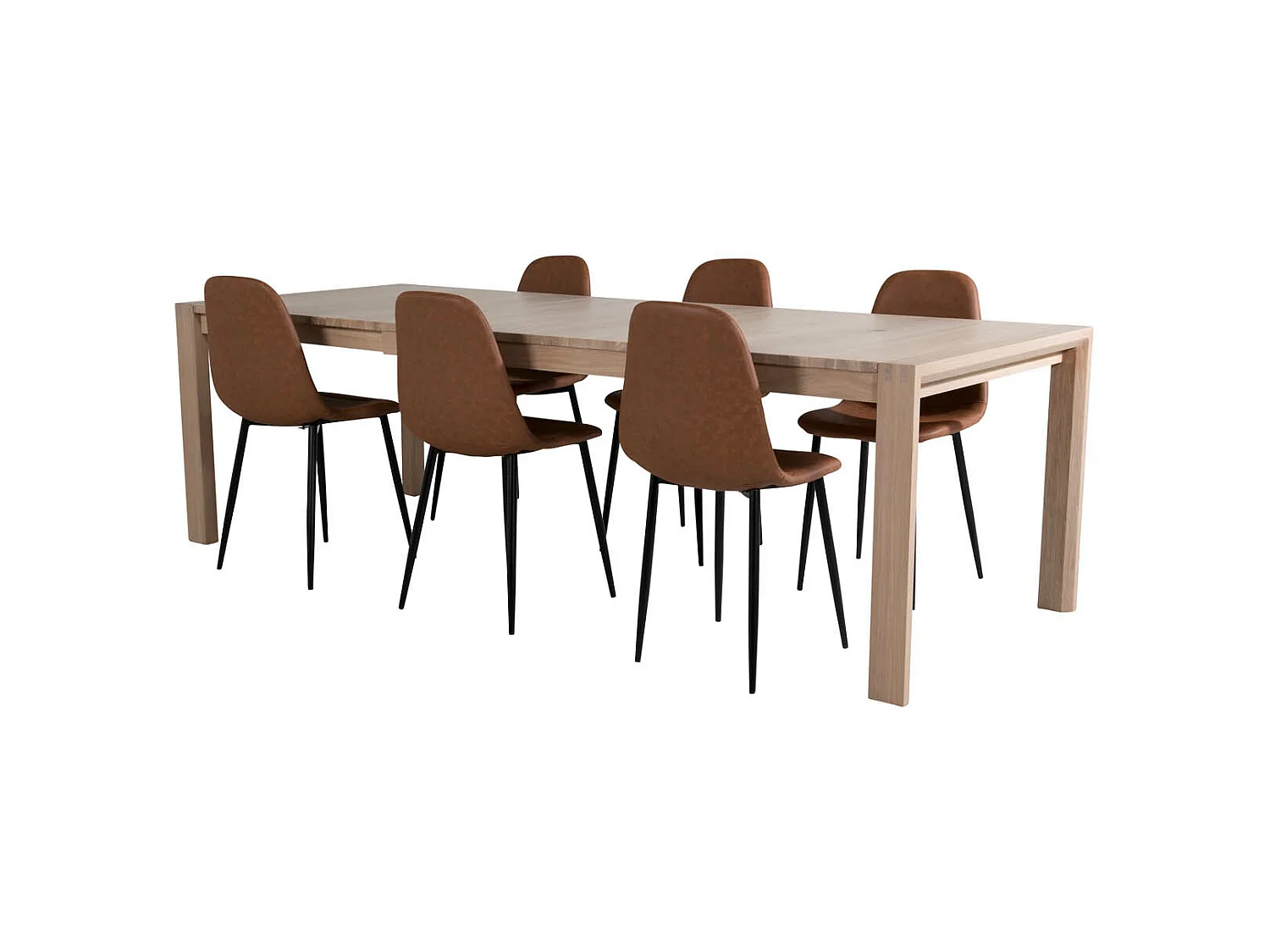 SliderWW ensemble table, table extensible longueur cm170 / 250 chêne blanc washeded et 6 Polar chaises Similicuir PU marron.