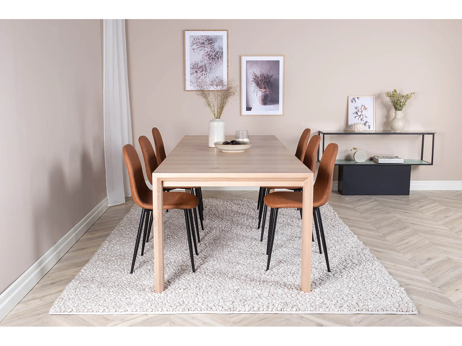 SliderWW ensemble table, table extensible longueur cm170 / 250 chêne blanc washeded et 6 Polar chaises Similicuir PU marron.