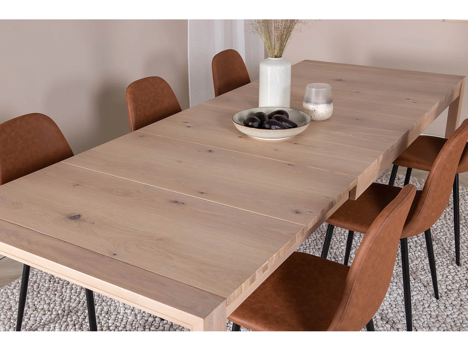 SliderWW ensemble table, table extensible longueur cm170 / 250 chêne blanc washeded et 6 Polar chaises Similicuir PU marron.