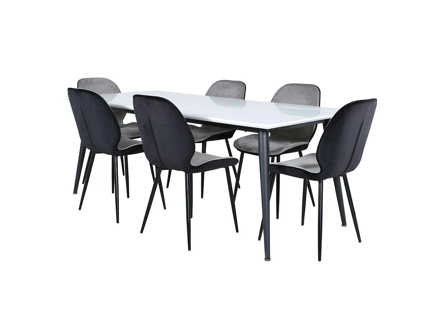 Jimmy195 eethoek eetkamertafel uitschuifbare tafel lengte cm 195 / 285 wit en 6 Emma eetkamerstal velours grijs,zwart.