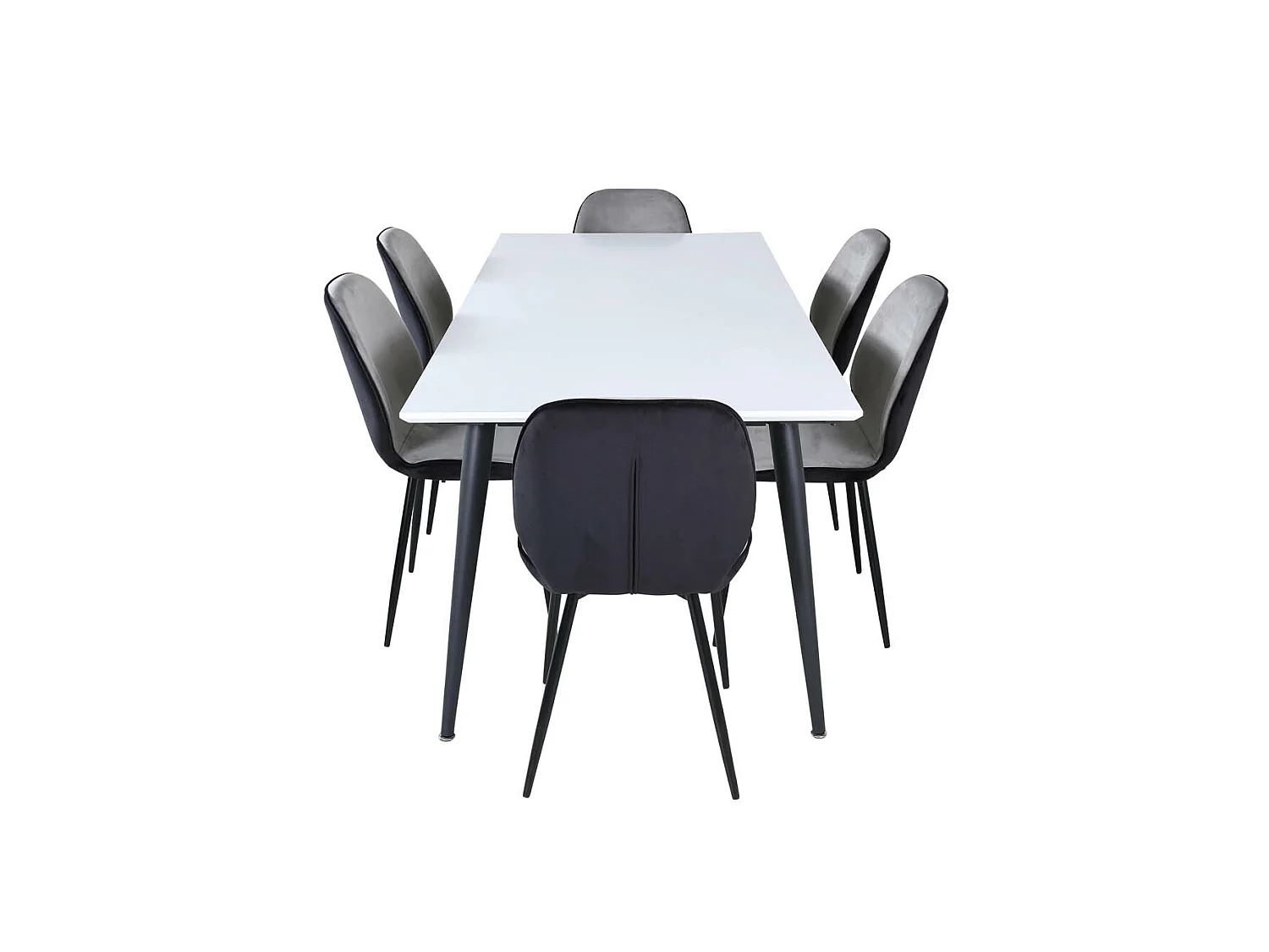 Jimmy195 eethoek eetkamertafel uitschuifbare tafel lengte cm 195 / 285 wit en 6 Emma eetkamerstal velours grijs,zwart.